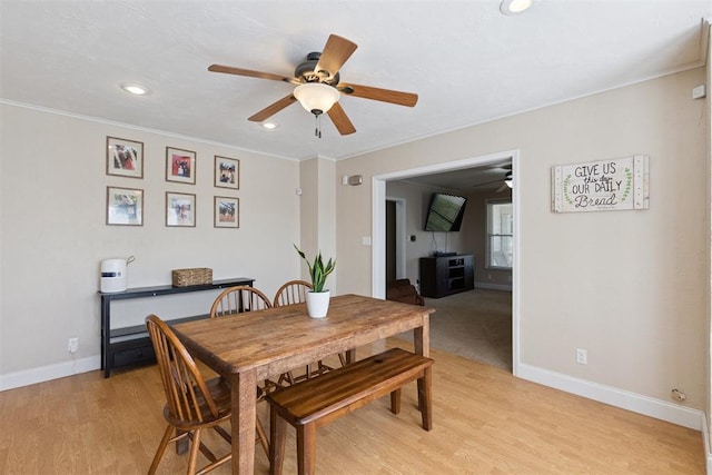 1623 W Washington Ave, Guthrie, OK 73044 - dining area with ceiling fan, light wood-style flooring, recessed lighting, and crown molding