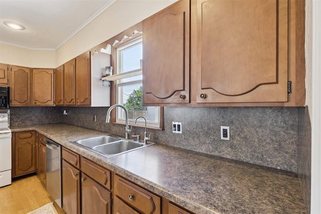 1623 W Washington Ave, Guthrie, OK 73044 - kitchen featuring dishwasher, ornamental molding, brown cabinets, white range with electric cooktop, and light wood finished floors