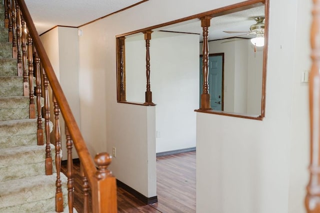 503 N Sheb Wooley Ave, Erick, OK 73645 - stairs with wood finished floors, ceiling fan, and a textured ceiling