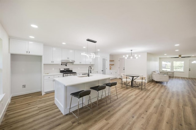2020 Hasley Dr, The Village, OK 73120 - kitchen featuring gas range, under cabinet range hood, light wood finished floors, white cabinetry, and recessed lighting