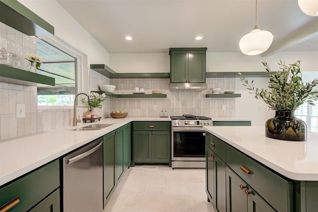 2836 NW 43rd St, Oklahoma City, OK 73112 - kitchen featuring green cabinets, open shelves, appliances with stainless steel finishes, light countertops, and recessed lighting