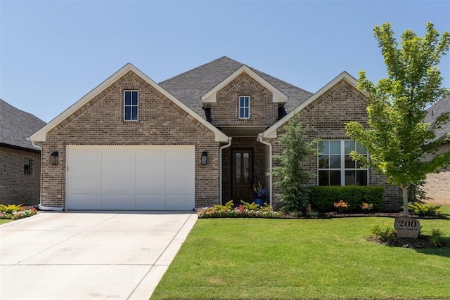 200 Pont Neuf Ct, Edmond, OK 73034 - traditional-style home with driveway, a front yard, brick siding, an attached garage, and a shingled roof