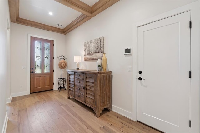 200 Pont Neuf Ct, Edmond, OK 73034 - foyer entrance featuring light wood-style floors, ornamental molding, beamed ceiling, and recessed lighting
