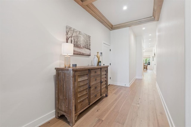200 Pont Neuf Ct, Edmond, OK 73034 - corridor with light wood-style floors, recessed lighting, and ornamental molding