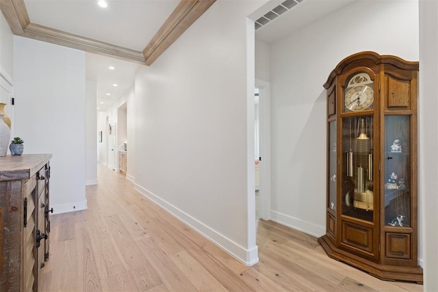 200 Pont Neuf Ct, Edmond, OK 73034 - hall featuring light wood-style floors, ornamental molding, and recessed lighting