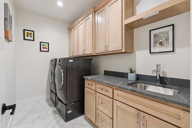 200 Pont Neuf Ct, Edmond, OK 73034 - laundry room with washing machine and dryer, light marble finish flooring, cabinet space, and recessed lighting