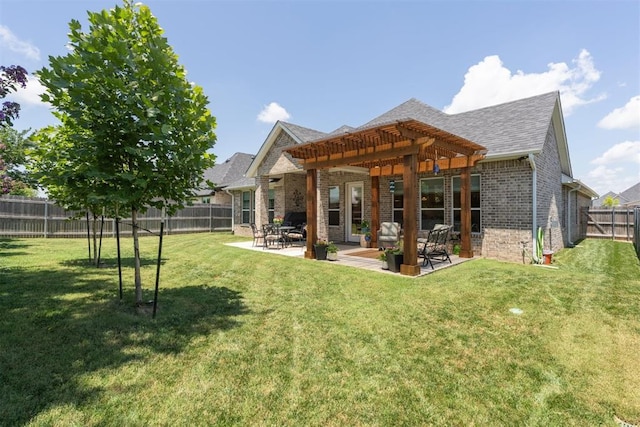 200 Pont Neuf Ct, Edmond, OK 73034 - rear view of house with brick siding, a pergola, a fenced backyard, a shingled roof, and a patio area