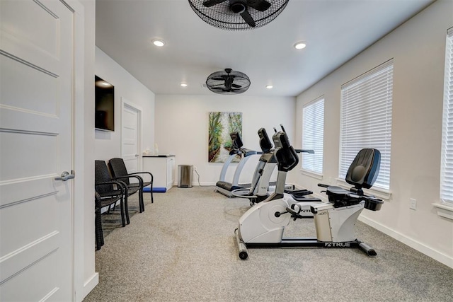 200 Pont Neuf Ct, Edmond, OK 73034 - workout room with recessed lighting, carpet floors, and a ceiling fan