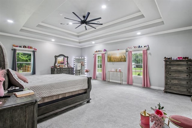 9228 E Cardinal Pl, Midwest City, OK 73130 - bedroom featuring a tray ceiling, carpet, recessed lighting, ornamental molding, and a ceiling fan
