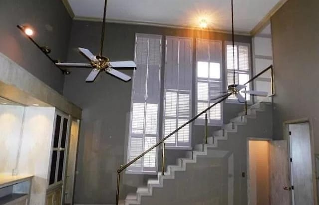 5720 Irvine Dr, Edmond, OK 73025 - stairway with a ceiling fan, ornamental molding, and plenty of natural light