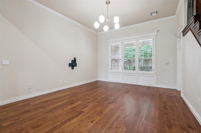 1008 Trisha Ln, Norman, OK 73072 - spare room with a chandelier, ornamental molding, and dark wood-type flooring