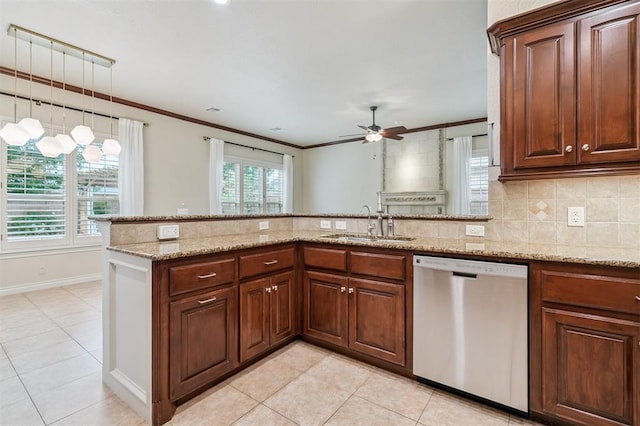 1008 Trisha Ln, Norman, OK 73072 - kitchen featuring stainless steel dishwasher, light tile patterned floors, a ceiling fan, tasteful backsplash, and crown molding