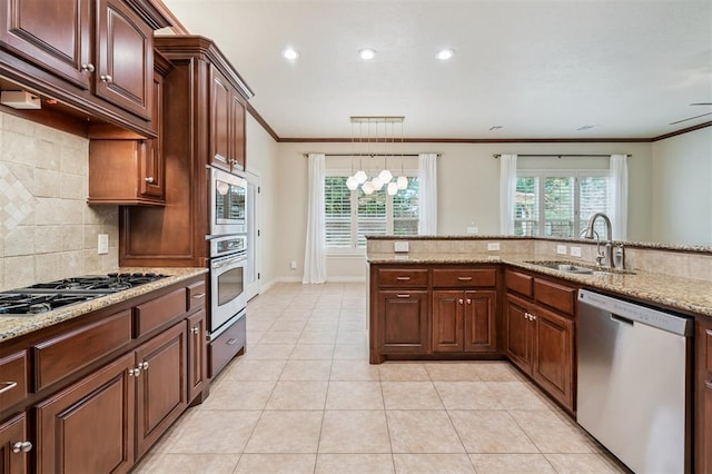 1008 Trisha Ln, Norman, OK 73072 - kitchen featuring appliances with stainless steel finishes, crown molding, backsplash, recessed lighting, and light tile patterned flooring