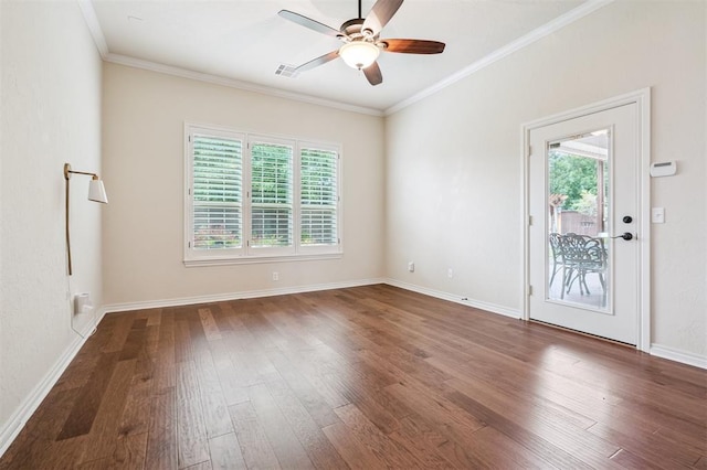 1008 Trisha Ln, Norman, OK 73072 - spare room featuring plenty of natural light, hardwood / wood-style floors, ceiling fan, and crown molding