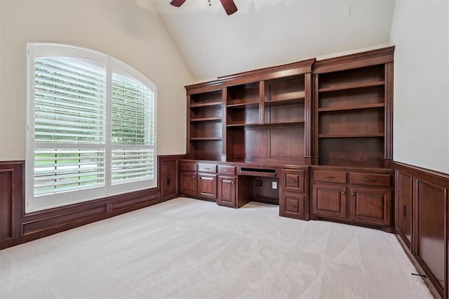 1008 Trisha Ln, Norman, OK 73072 - unfurnished office with a wainscoted wall, ceiling fan, lofted ceiling, light carpet, and built in study area