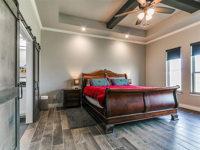 4000 Timber Creek Way, Moore, OK 73165 - bedroom with a barn door, dark wood-style floors, recessed lighting, crown molding, and beam ceiling
