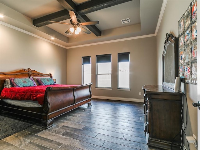 4000 Timber Creek Way, Moore, OK 73165 - bedroom featuring coffered ceiling, wood tiled floors, beam ceiling, ceiling fan, and ornamental molding