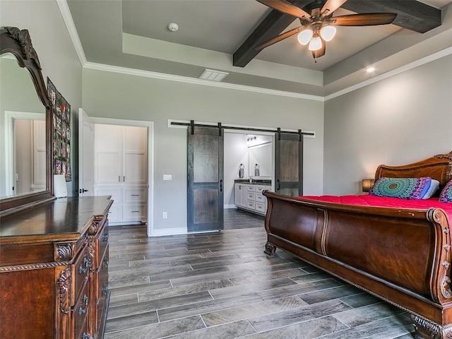4000 Timber Creek Way, Moore, OK 73165 - bedroom with a barn door, dark wood-type flooring, ensuite bathroom, crown molding, and beamed ceiling