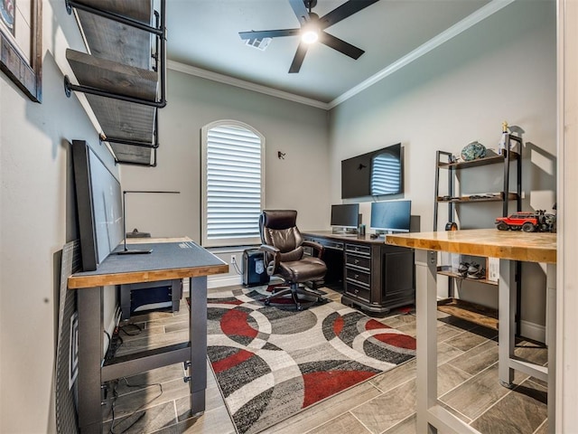 4000 Timber Creek Way, Moore, OK 73165 - office area featuring crown molding, wood finish floors, and ceiling fan