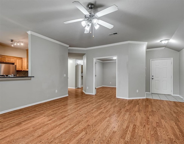 10808 Cheshire Ct, Yukon, OK 73099 - unfurnished living room with light wood finished floors, a ceiling fan, and crown molding