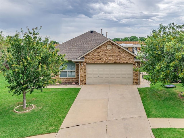 10808 Cheshire Ct, Yukon, OK 73099 - view of front of property featuring brick siding, a shingled roof, a front lawn, and an attached garage