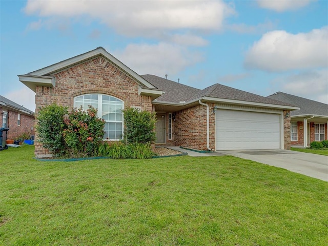 4513 SE 79th Ter, Oklahoma City, OK 73135 - single story home with a garage, concrete driveway, brick siding, a front yard, and a shingled roof