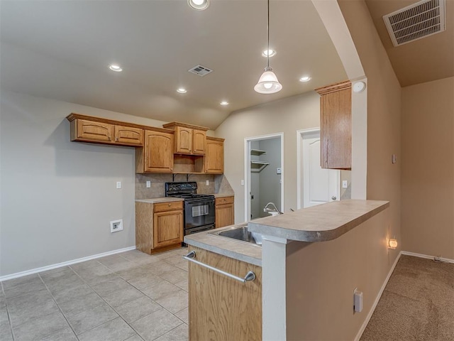 4513 SE 79th Ter, Oklahoma City, OK 73135 - kitchen with black / electric stove, decorative backsplash, a peninsula, recessed lighting, and light countertops