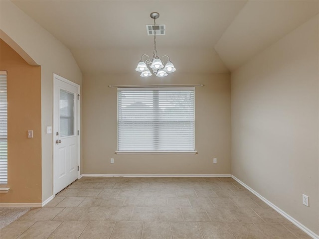 4513 SE 79th Ter, Oklahoma City, OK 73135 - unfurnished dining area featuring vaulted ceiling, a chandelier, and light tile patterned floors