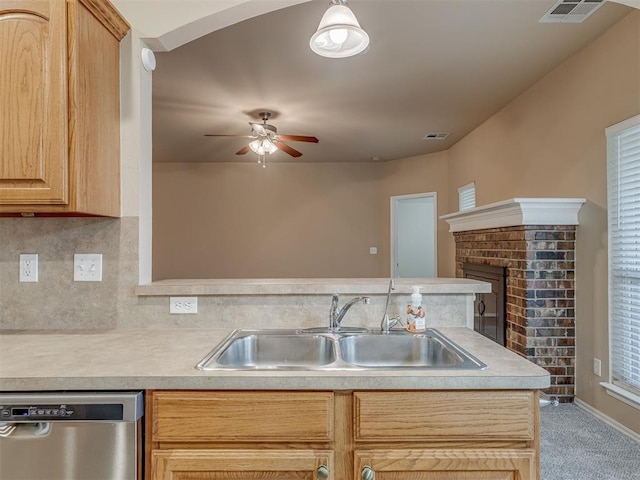 4513 SE 79th Ter, Oklahoma City, OK 73135 - kitchen featuring dishwasher, light countertops, carpet flooring, a ceiling fan, and a peninsula