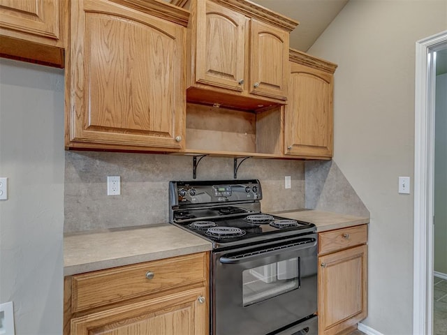 4513 SE 79th Ter, Oklahoma City, OK 73135 - kitchen with black / electric stove, backsplash, light countertops, light brown cabinets, and open shelves