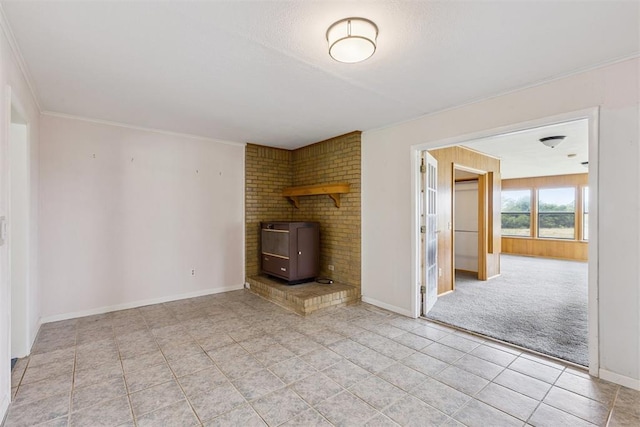 104951 S 3440th Rd, Meeker, OK 74855 - unfurnished living room with light tile patterned flooring, ornamental molding, and a wood stove