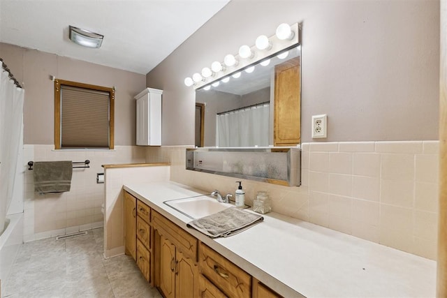 104951 S 3440th Rd, Meeker, OK 74855 - full bathroom with vanity, a shower with shower curtain, tile walls, tile patterned floors, and a bathtub