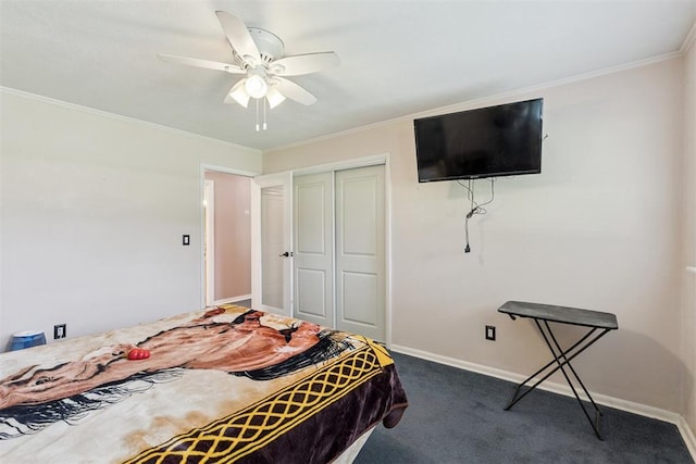 104951 S 3440th Rd, Meeker, OK 74855 - bedroom featuring a closet, dark carpet, crown molding, and a ceiling fan