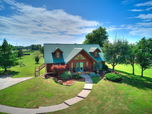 15701 S Pennsylvania Ave, Oklahoma City, OK 73170 - cabin with log siding, a front lawn, stairway, a porch, and a metal roof