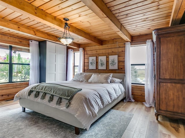 15701 S Pennsylvania Ave, Oklahoma City, OK 73170 - bedroom with a wooden ceiling with exposed beams, light wood-style floors, and wooden walls