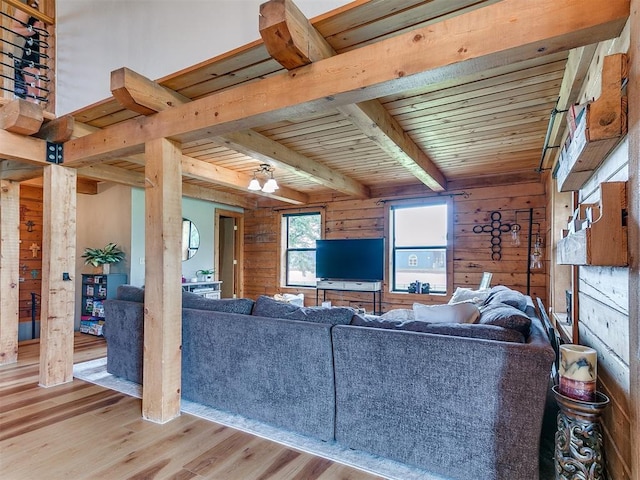 15701 S Pennsylvania Ave, Oklahoma City, OK 73170 - living area featuring light wood finished floors, wood walls, and a wood ceiling with exposed beams
