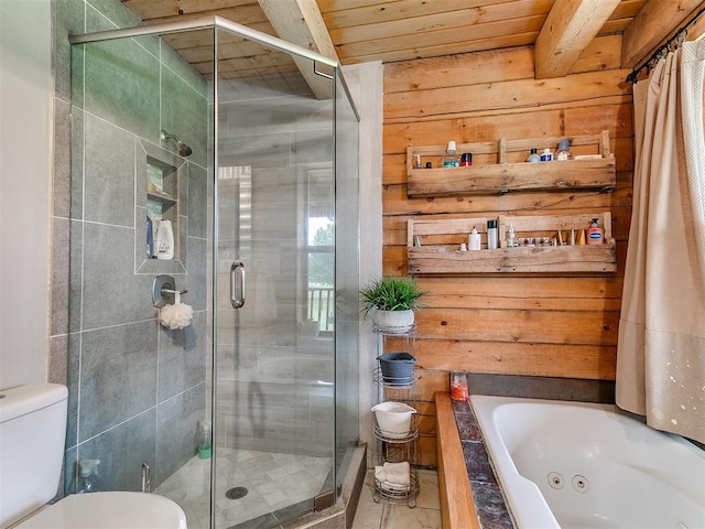 15701 S Pennsylvania Ave, Oklahoma City, OK 73170 - bathroom featuring a jetted tub, a shower stall, wooden walls, and wood ceiling