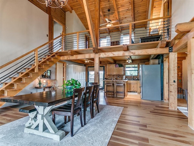 15701 S Pennsylvania Ave, Oklahoma City, OK 73170 - dining space with high vaulted ceiling, a wood ceiling with exposed beams, light wood-style flooring, stairway, and a ceiling fan