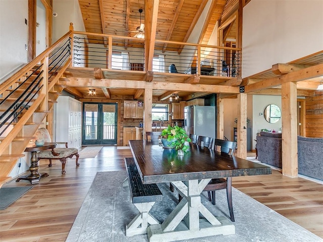 15701 S Pennsylvania Ave, Oklahoma City, OK 73170 - dining room featuring stairway, high vaulted ceiling, a wooden ceiling with exposed beams, light wood finished floors, and ceiling fan