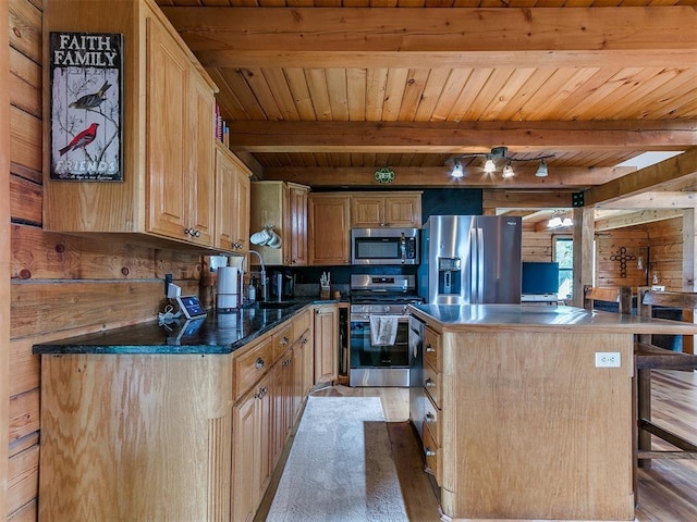 15701 S Pennsylvania Ave, Oklahoma City, OK 73170 - kitchen with appliances with stainless steel finishes, light wood-type flooring, wood walls, a wooden ceiling with exposed beams, and a center island