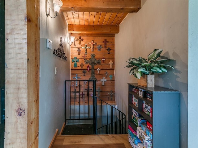 15701 S Pennsylvania Ave, Oklahoma City, OK 73170 - stairs featuring a wooden ceiling with exposed beams