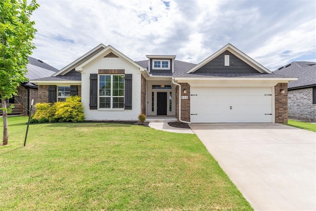 808 Scully Rd, Yukon, OK 73099 - view of front of house with brick siding, driveway, an attached garage, a front yard, and a shingled roof