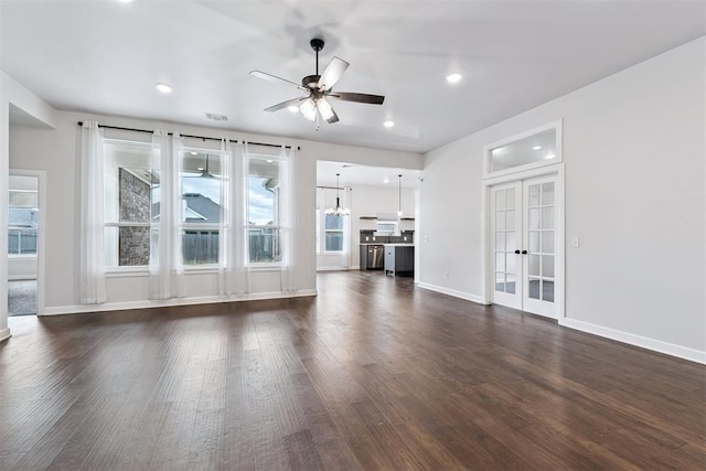 808 Scully Rd, Yukon, OK 73099 - unfurnished living room featuring french doors, ceiling fan, wood finished floors, and recessed lighting