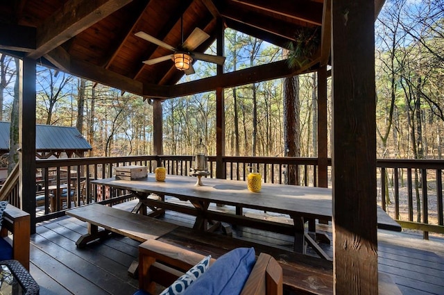 123 Hemlock Grove Rd, Hochatown, OK 74728 - wooden deck featuring outdoor dining space and ceiling fan