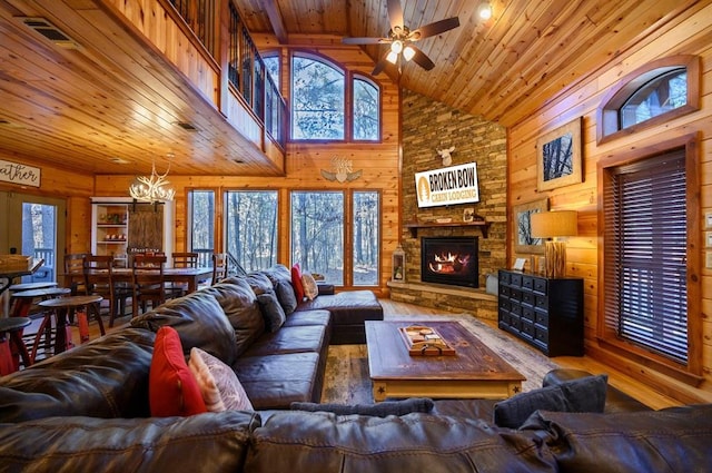 123 Hemlock Grove Rd, Hochatown, OK 74728 - living area with wood walls, wooden ceiling, high vaulted ceiling, a chandelier, and ceiling fan