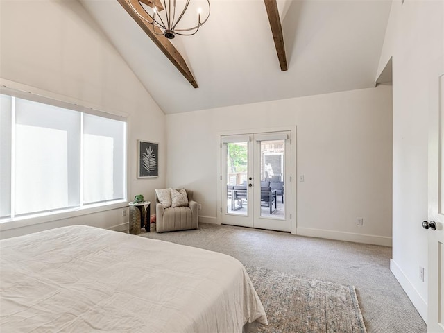 7308 Sunset Sail Ave, Edmond, OK 73034 - bedroom featuring light carpet, access to exterior, beam ceiling, a chandelier, and high vaulted ceiling