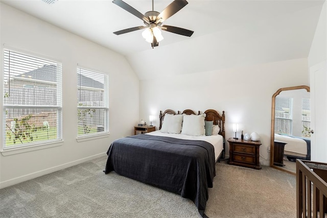 15921 Bison Dr, Moore, OK 73170 - bedroom with multiple windows, carpet floors, lofted ceiling, and a ceiling fan