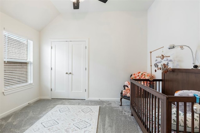 15921 Bison Dr, Moore, OK 73170 - bedroom with carpet flooring, vaulted ceiling, a crib, and a ceiling fan