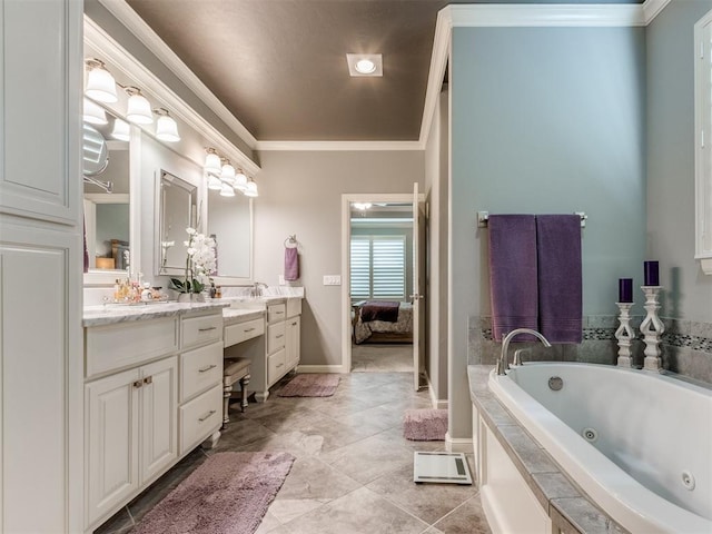 13308 NW 6th St, Yukon, OK 73099 - full bathroom featuring vanity, a whirlpool tub, crown molding, ensuite bath, and tile patterned flooring