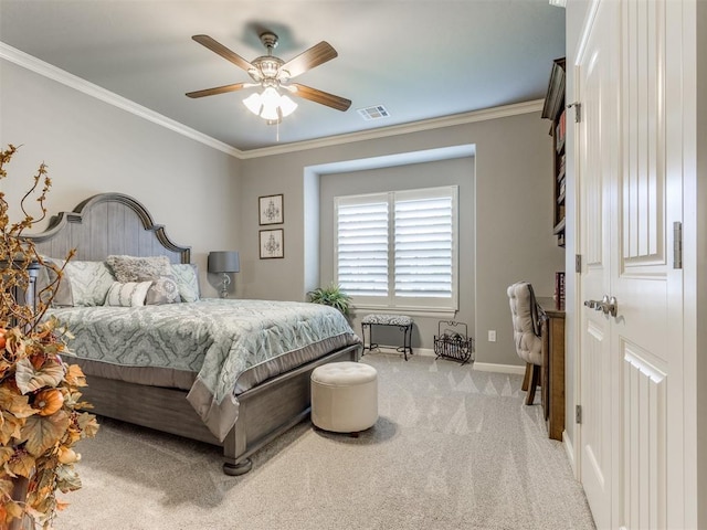 13308 NW 6th St, Yukon, OK 73099 - bedroom featuring light colored carpet, ornamental molding, and a ceiling fan